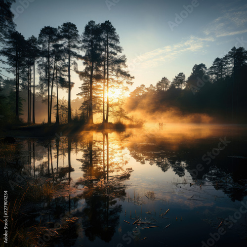 Serene forest lake at sunrise with mist and golden light ideal for nature themes and relaxation industries