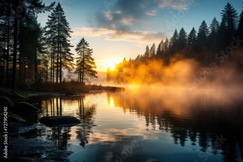 Tranquil lake with mist and golden sunrise for relaxation and nature themes  featuring serene waters  forest  and warm colors