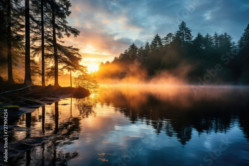 Serene lake at sunset with mist trees and vibrant sky reflecting on water - ideal for travel and tourism showcasing beauty in nature and tranquil landscapes