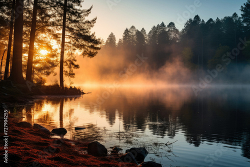 Serene lake at sunrise with reflection and mist ideal for relaxation and nature themes