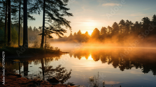 Serene lake at sunrise with mist, reflections, and tranquil atmosphere perfect for travel and nature industries