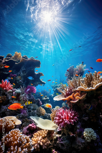 Vibrant Underwater Ecosystem with Sunrays for Tourism and Conservation Education featuring Coral Reef Marine Life and Tranquil Blue Ocean