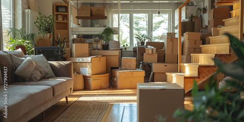 A living room filled with many boxes prepared for moving.