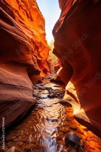 Sunlit Antelope Canyon with a serene stream and warm earth tones perfect for travel and tourism industries highlighting natural beauty and geological wonders