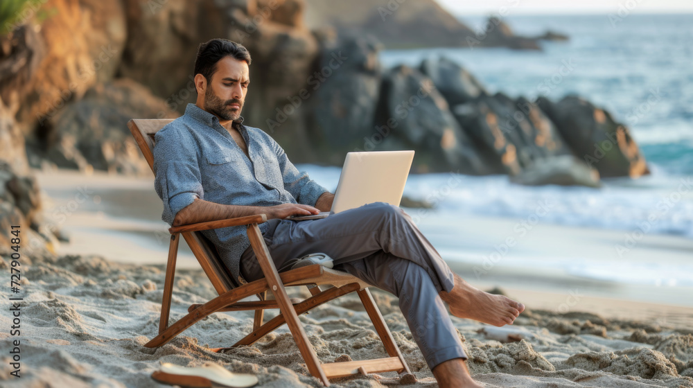 man sitting on a beach chair using a laptop by the sea