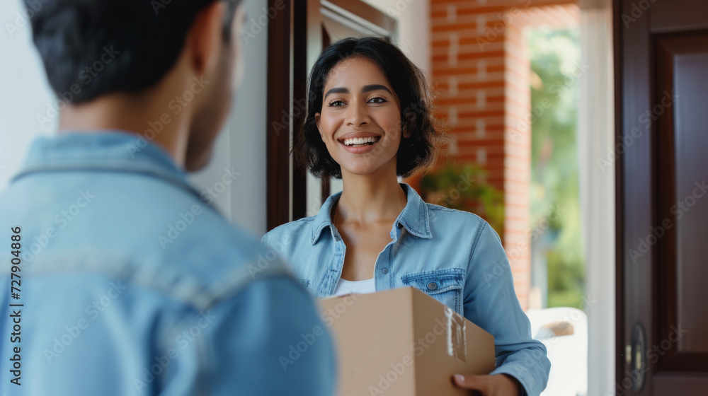 smiling woman with short black hair, wearing a denim shirt, holding a cardboard box, standing by a window smiling woman with short black hair, wearing a denim shirt, holding a cardboard box, standing by a window