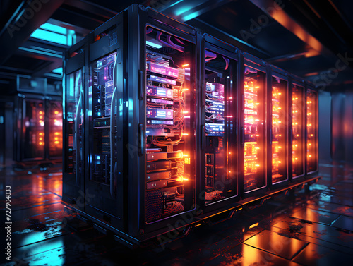 brightly lit server racks
