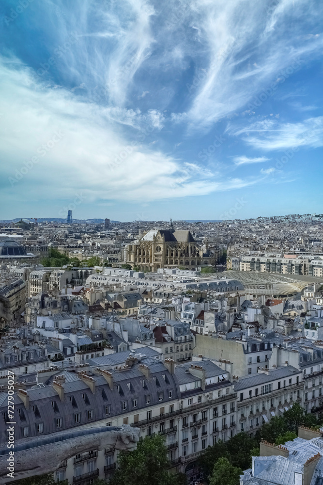 Paris, aerial view of the city, with the Saint-Eustache church