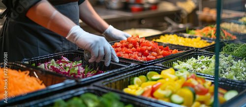Fototapeta Naklejka Na Ścianę i Meble -  A halal buffet hotel buffet employee wearing protective gloves prepares a variety of salads and side dishes.