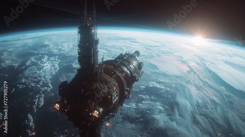 A space elevator, gracefully ascending from Earth to a geostationary orbital station. 