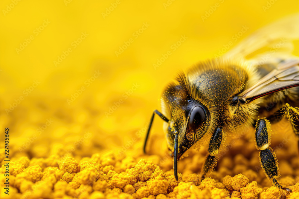 small bee close-up collecting pollen on a yellow background. macro. small bee close-up collecting pollen on a yellow background. macro.