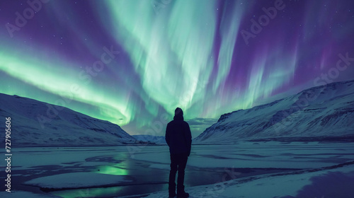 A lone observer taking in the spectacle of the Northern Lights photo