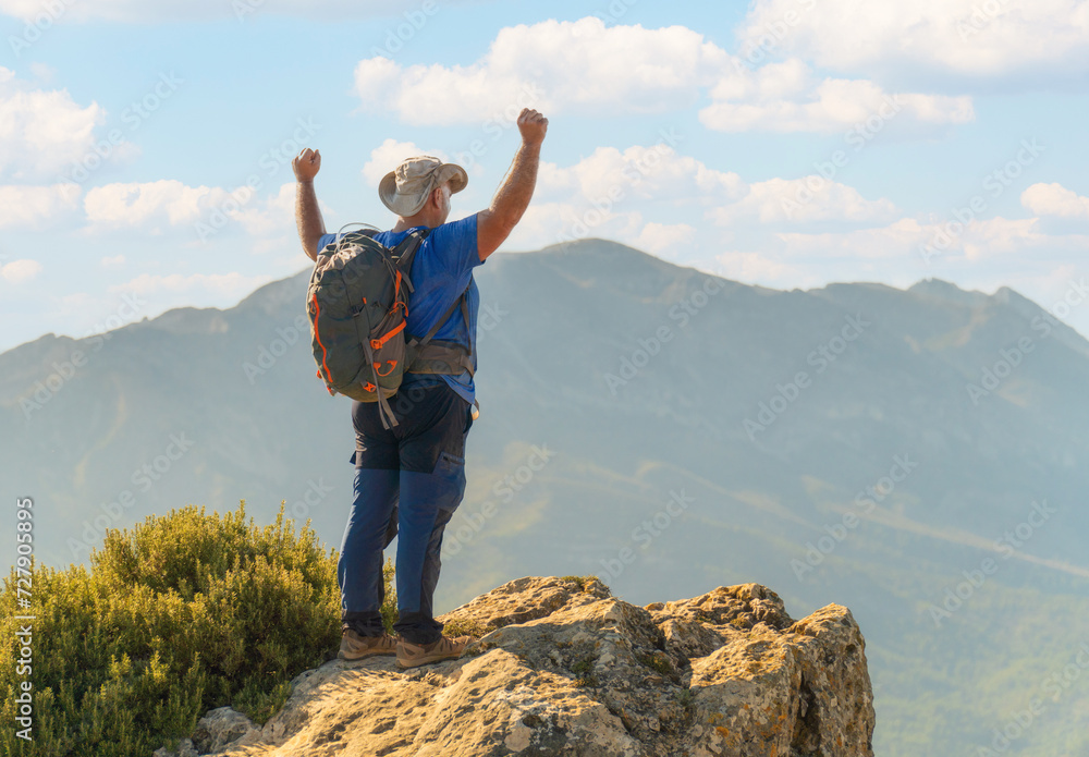 Hiker with arms raised poses victoriously on a rock, looking at the landscape 