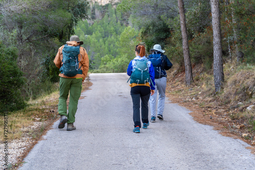 Three hikers walking on a country road, outdoors.