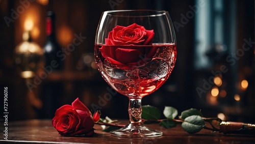 Glass of wine with red rose for romantic atmosphere