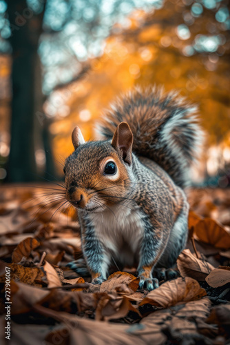Curious squirrel amidst autumn leaves in a warm colorful forest setting ideal for nature themes