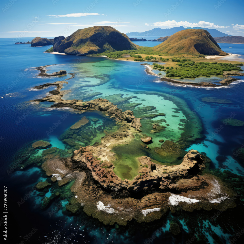 Aerial shot of serene tropical island with clear blue waters ideal for travel and ecotourism