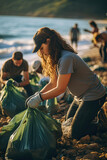 Volunteers participating in a beach cleanup during golden hour showing teamwork environment care and community service