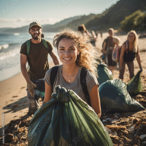 Young woman leading a beach cleanup team promotes environmental care and community service