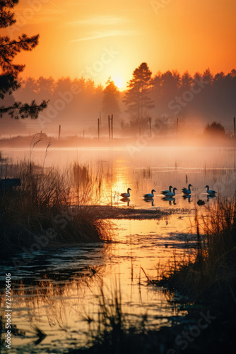 Serene sunset over a misty marsh with ducks creating ripples in calm water reflecting the tranquil atmosphere of nature's beauty ideal for relaxation and environmental themes