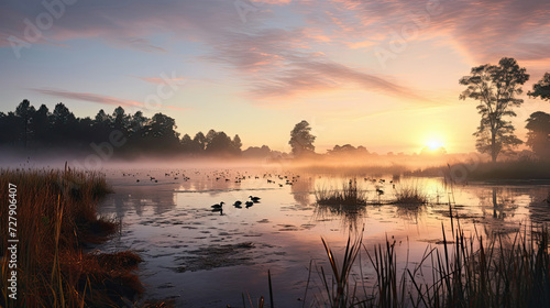 Sunrise over misty wetlands with ducks serene nature scene for outdoor and wildlife enthusiasts
