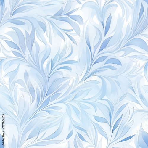 Watercolor seamless christmas pattern with blue swirling leaves and floral designs.