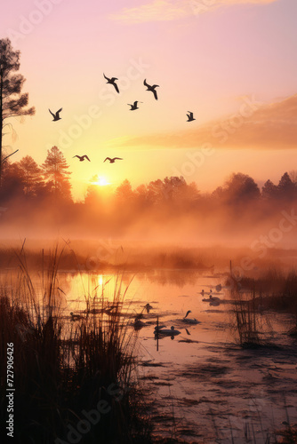 Serene wetland at dawn with flying birds and calm water ideal for nature themes and bird watching in a tranquil early morning setting