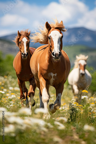 Galloping horses in a blooming meadow representing freedom and beauty in nature perfect for equine industries or outdoor adventure themes