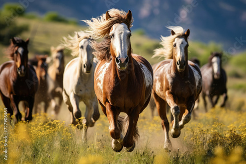 Herd of horses running in a vibrant summer meadow showcasing themes of freedom movement and wild nature suitable for wildlife or equine industry