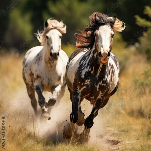 Majestic horses running free in countryside embodying strength and freedom for wildlife photography or equine industry usage
