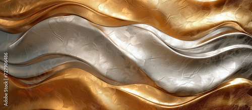 Textured decorated luxury leather waves of golden and silver colors. Background for beauty or accessories banner