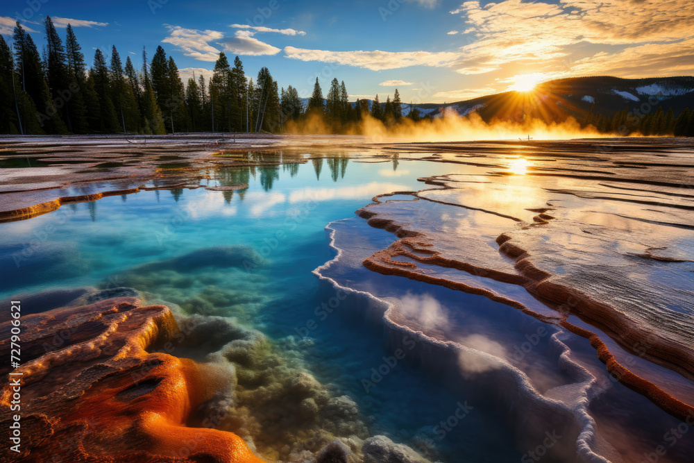 Sunset over the serene geothermal hot springs ideal for travel and tourism industry showcasing natural beauty and exploration in Yellowstone