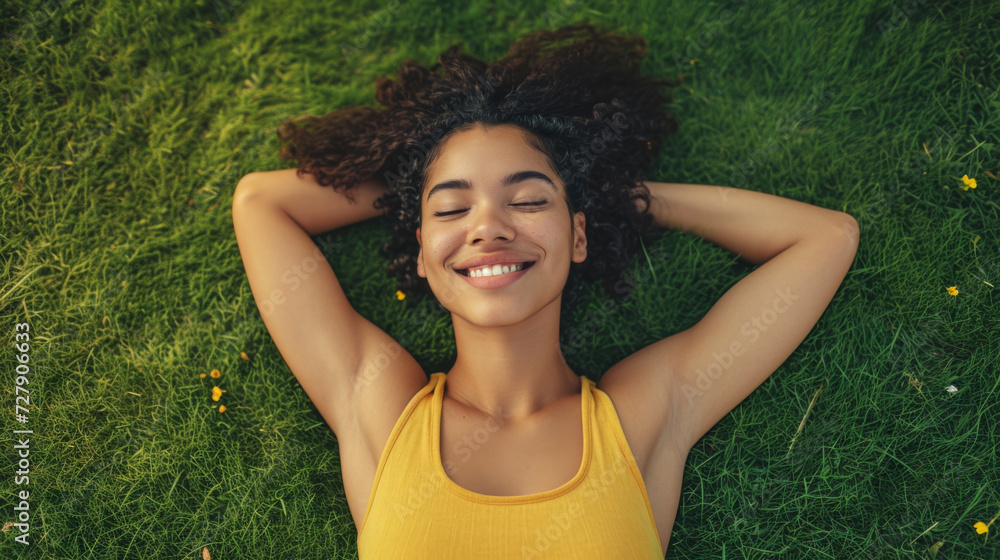 young woman lying on grass, smiling with her eyes closed, and her arms resting behind her head, clearly enjoying a moment of relaxation outdoors. young woman lying on grass, smiling with her eyes closed, and her arms resting behind her head, clearly enjoying a moment of relaxation outdoors.