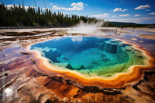 Grand Prismatic Spring in Yellowstone vibrant colors and steam rising encapsulating the wonder of nature and a top tourist destination
