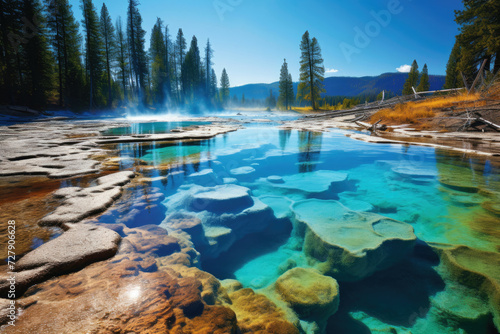 Scenic view of hot springs in Yellowstone National Park for tourism and adventure in a natural environment