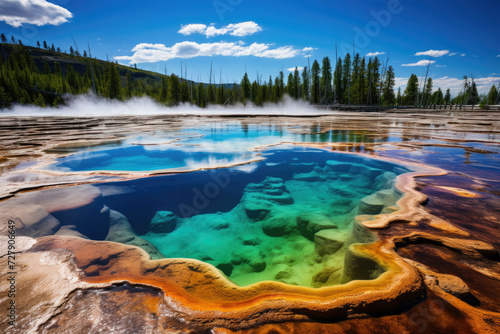 Grand Prismatic Spring in Yellowstone National Park Vibrant hot spring reflecting clear sky amidst lush greenery travel and tourism industry landmark