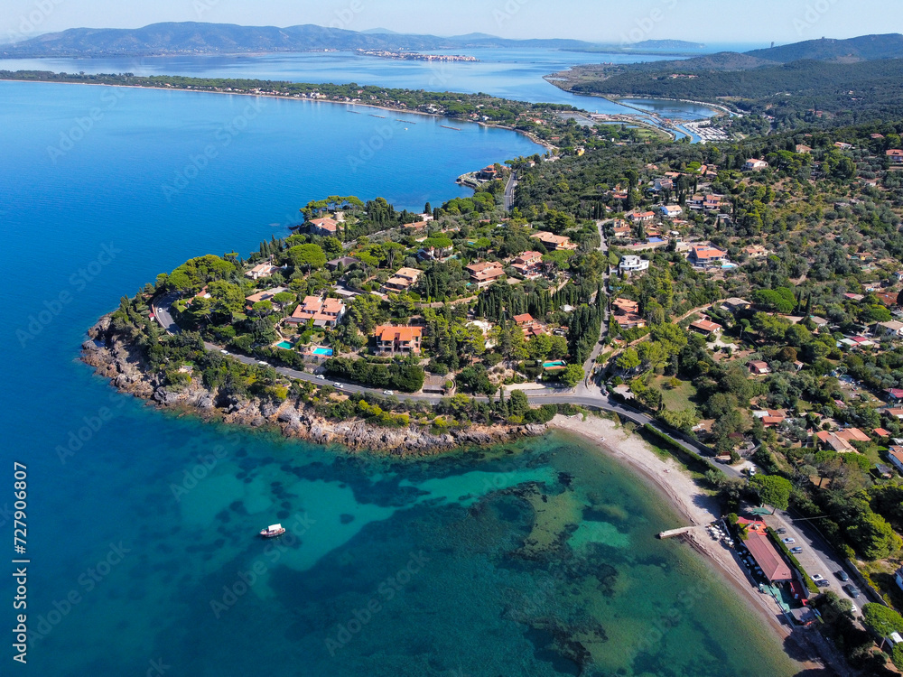 aerial view of the Argentario coast, in the background the Orbetello lagoon.