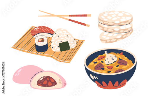 Rice Meals Set, Diverse Classic Pilaf, Bread, Japanese Rolls, Sushi or Sashimi. Versatile And Satisfying Bread, Cookies