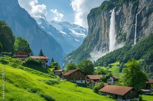a very lush green field next to some mountains and waterfalls