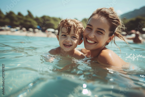 mother and child swimming in the sea
