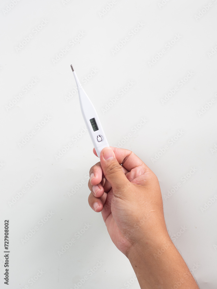 hand holding thermometer white background hand holding thermometer white background
