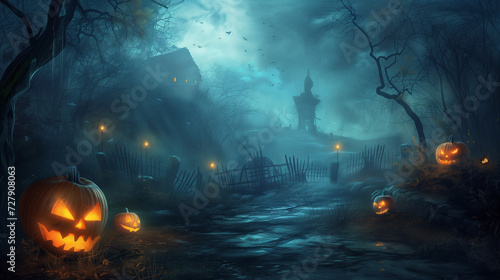 Halloween theme background texture. Pumpkins and bats on a spooky backdrop.