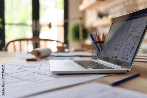 laptop on the table with design drawings