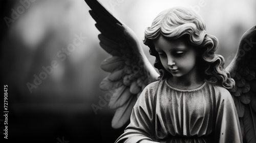 Stone statue of angel, black and white
