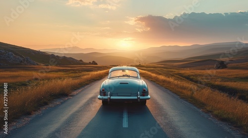 View from behind classic car on the street at sunset with beautiful nature background