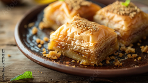 A detailed view of syrupy topped baklava with pistachios on a rustic plate. Pistachio baklava. Close-up. Traditional Middle Eastern Flavors. Traditional Turkish baklava. local name fistikli baklava photo