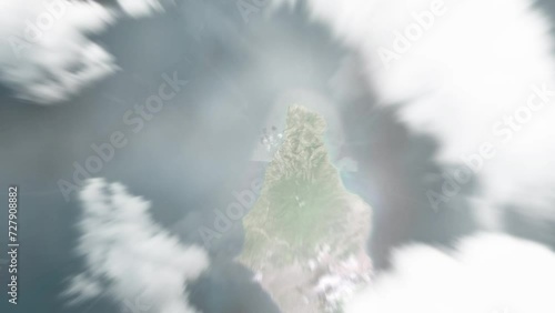 Earth zoom in from space to Brades, Montserrat. Followed by zoom out through clouds and atmosphere into space. Satellite view. Travel intro. Images from NASA photo