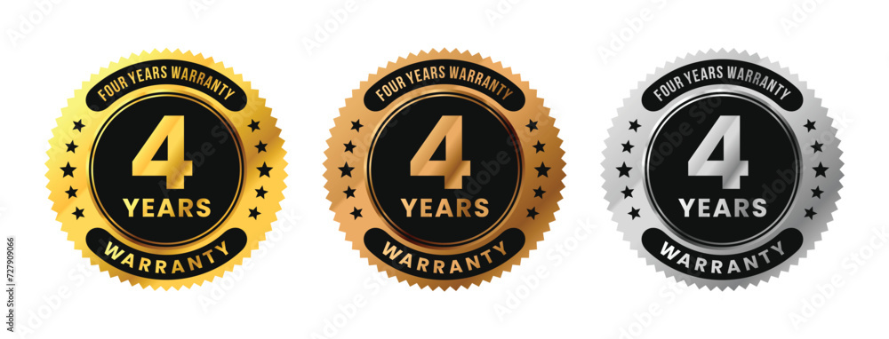Label 4 years warranty in gold, silver, bronze premium luxury design. Four years warranty. Vector Illustration