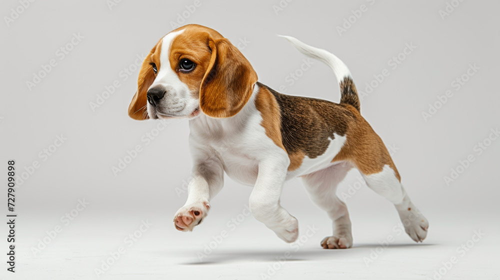 young beagle dog in mid-stride, looking to the side with a white background