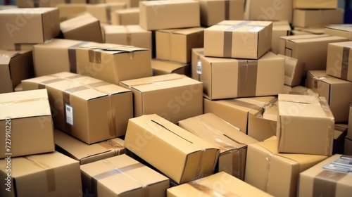 Cardboard boxes with parcels from online stores at the delivery service storehouse. Express delivery with modern accounting and distribution facilities. Optimization storage systems. © Stavros's son
